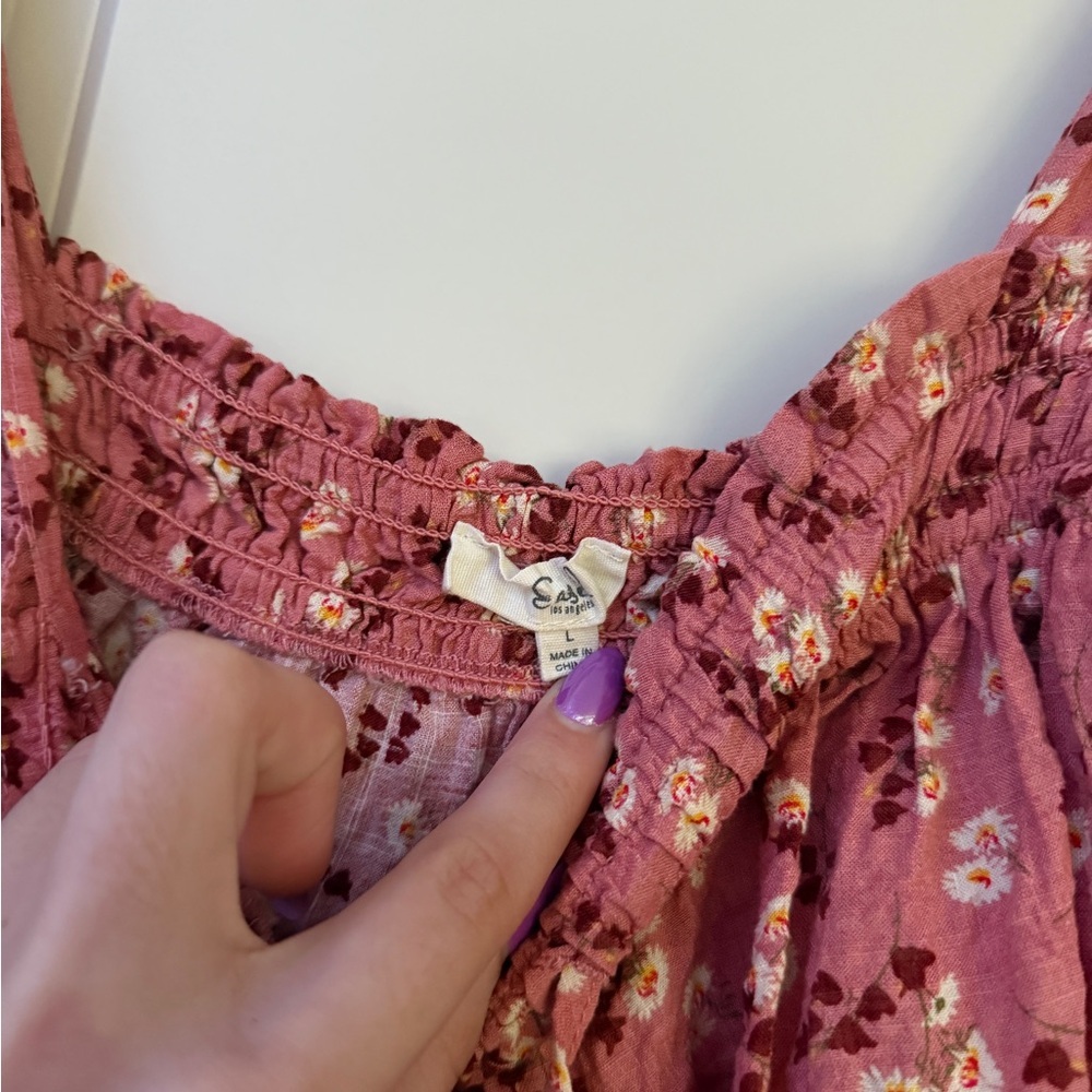 EASEL Floral Smocked Tank Cami Top Blush Pink Tie Boho Flower Square Neck Sz L - Picture 4 of 6